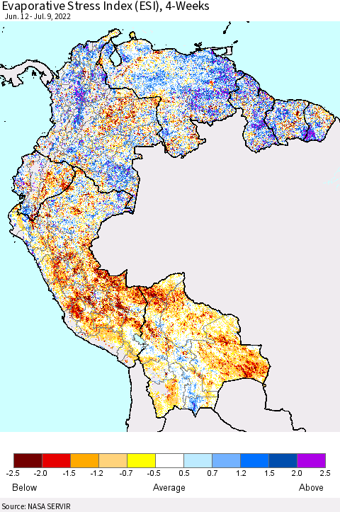 Northern South America Evaporative Stress Index (ESI), 4-Weeks Thematic Map For 7/4/2022 - 7/10/2022