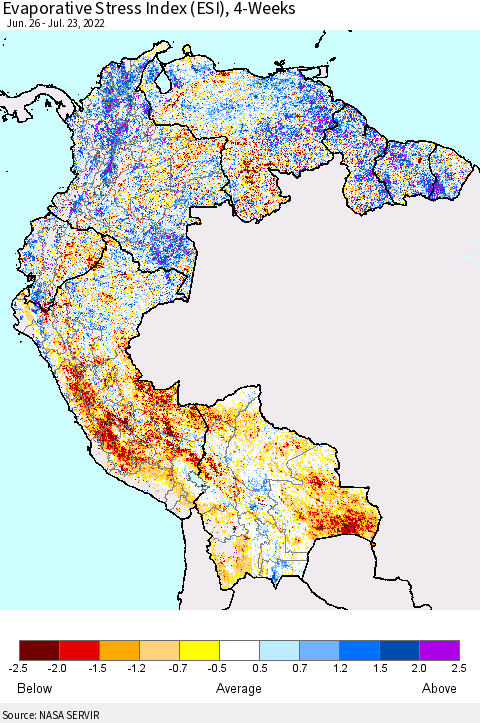 Northern South America Evaporative Stress Index (ESI), 4-Weeks Thematic Map For 7/18/2022 - 7/24/2022