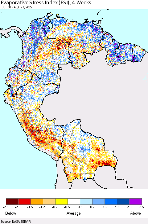 Northern South America Evaporative Stress Index (ESI), 4-Weeks Thematic Map For 8/22/2022 - 8/28/2022