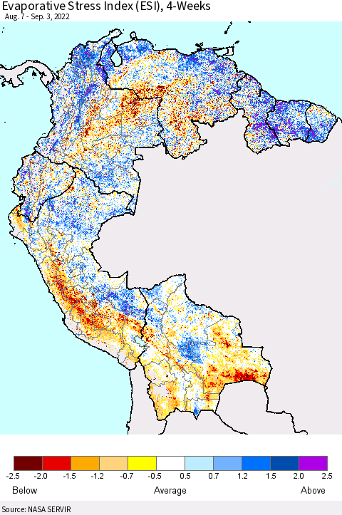 Northern South America Evaporative Stress Index (ESI), 4-Weeks Thematic Map For 8/29/2022 - 9/4/2022