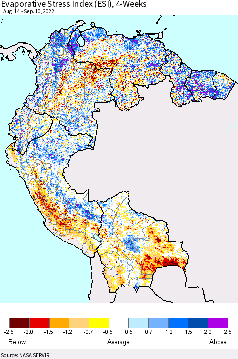 Northern South America Evaporative Stress Index (ESI), 4-Weeks Thematic Map For 9/5/2022 - 9/11/2022