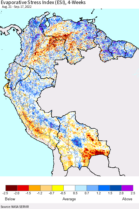 Northern South America Evaporative Stress Index (ESI), 4-Weeks Thematic Map For 9/12/2022 - 9/18/2022