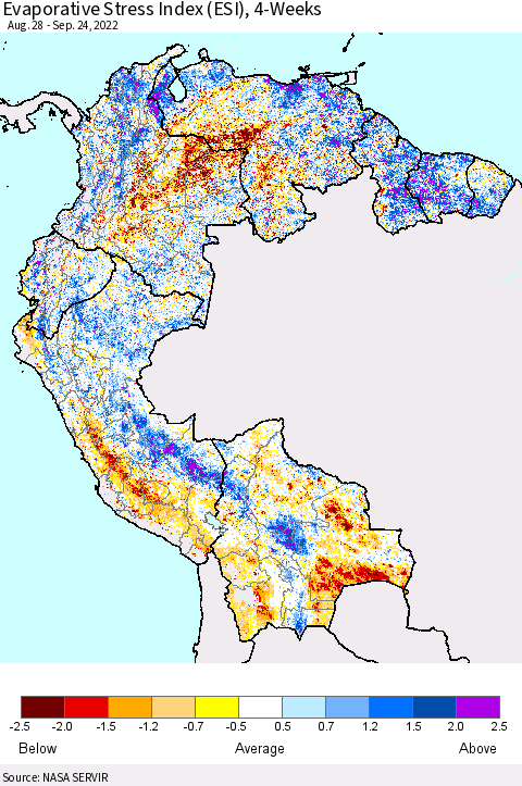 Northern South America Evaporative Stress Index (ESI), 4-Weeks Thematic Map For 9/19/2022 - 9/25/2022