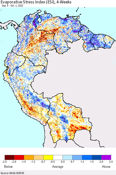 Northern South America Evaporative Stress Index (ESI), 4-Weeks Thematic Map For 9/26/2022 - 10/2/2022