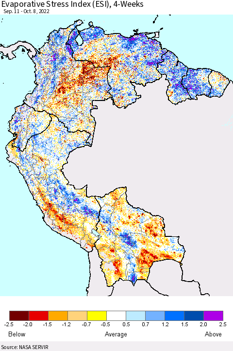Northern South America Evaporative Stress Index (ESI), 4-Weeks Thematic Map For 10/3/2022 - 10/9/2022