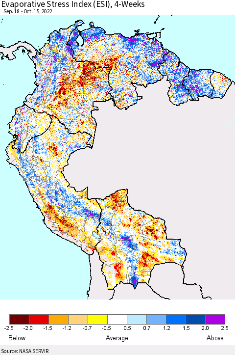 Northern South America Evaporative Stress Index (ESI), 4-Weeks Thematic Map For 10/10/2022 - 10/16/2022