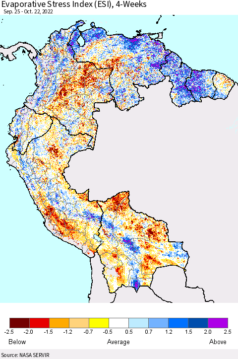 Northern South America Evaporative Stress Index (ESI), 4-Weeks Thematic Map For 10/17/2022 - 10/23/2022