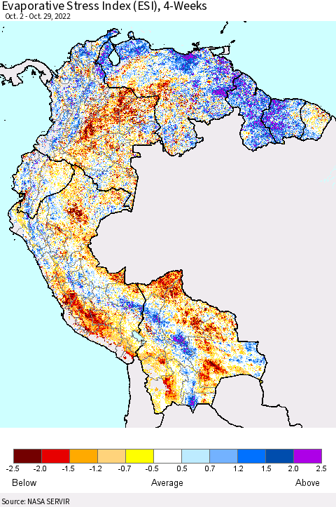 Northern South America Evaporative Stress Index (ESI), 4-Weeks Thematic Map For 10/24/2022 - 10/30/2022