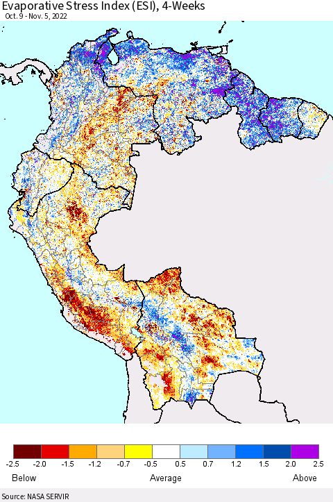 Northern South America Evaporative Stress Index (ESI), 4-Weeks Thematic Map For 10/31/2022 - 11/6/2022
