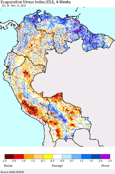 Northern South America Evaporative Stress Index (ESI), 4-Weeks Thematic Map For 11/7/2022 - 11/13/2022