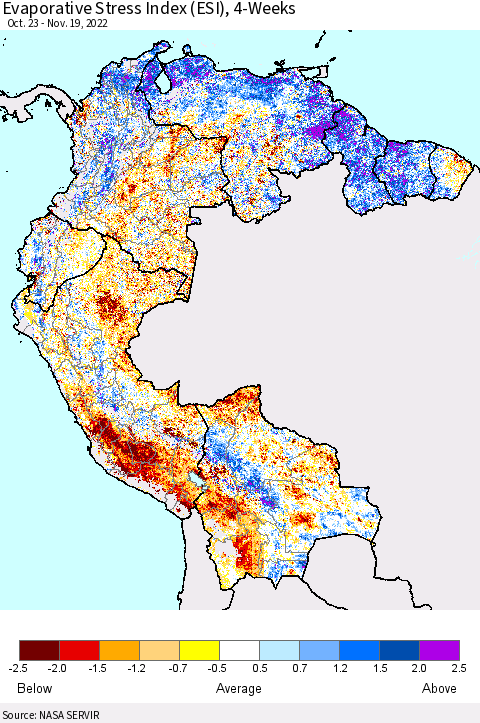 Northern South America Evaporative Stress Index (ESI), 4-Weeks Thematic Map For 11/14/2022 - 11/20/2022