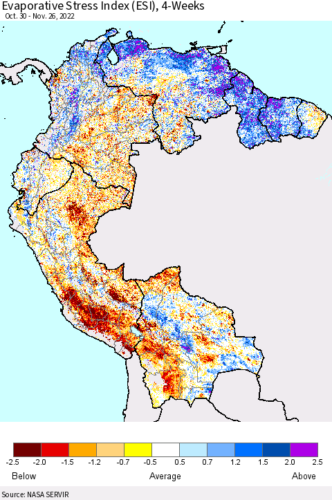 Northern South America Evaporative Stress Index (ESI), 4-Weeks Thematic Map For 11/21/2022 - 11/27/2022