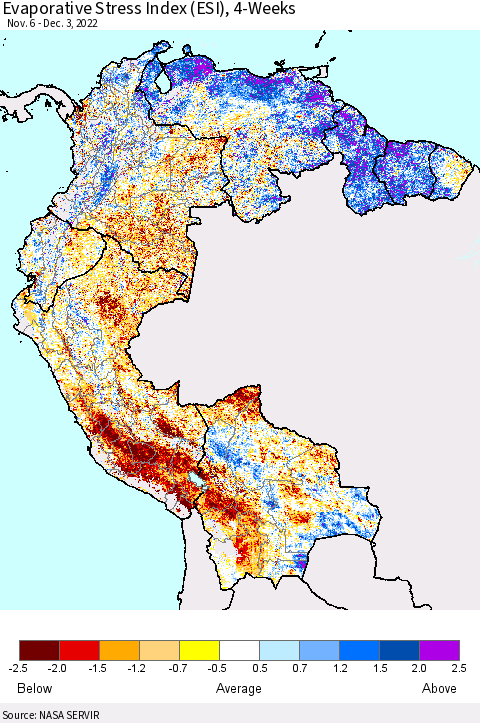 Northern South America Evaporative Stress Index (ESI), 4-Weeks Thematic Map For 11/28/2022 - 12/4/2022