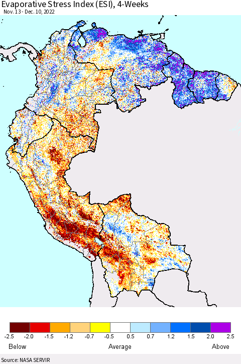 Northern South America Evaporative Stress Index (ESI), 4-Weeks Thematic Map For 12/5/2022 - 12/11/2022