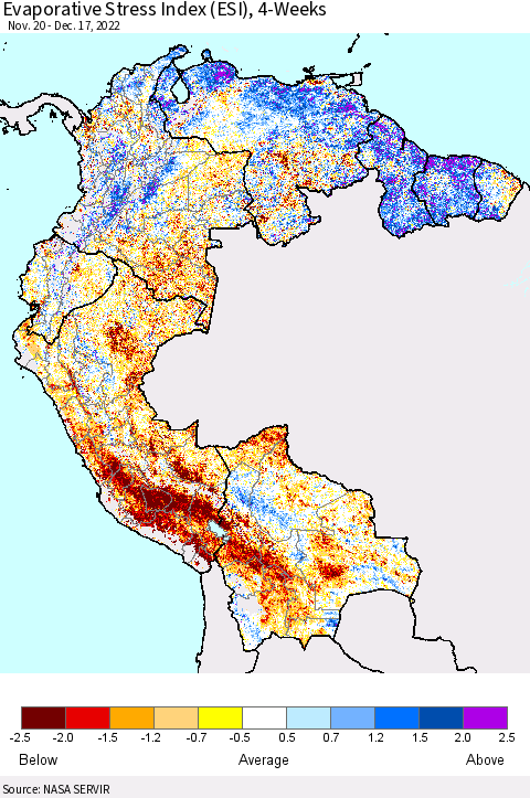 Northern South America Evaporative Stress Index (ESI), 4-Weeks Thematic Map For 12/12/2022 - 12/18/2022