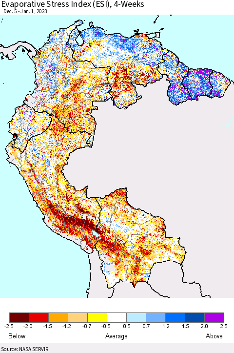 Northern South America Evaporative Stress Index (ESI), 4-Weeks Thematic Map For 12/26/2022 - 1/1/2023