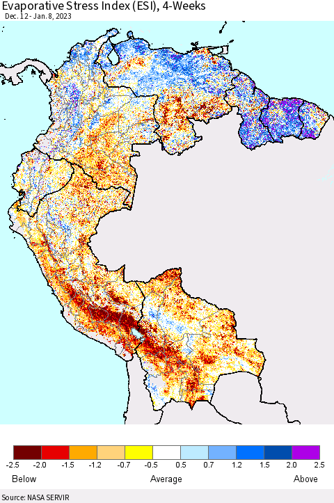Northern South America Evaporative Stress Index (ESI), 4-Weeks Thematic Map For 1/2/2023 - 1/8/2023
