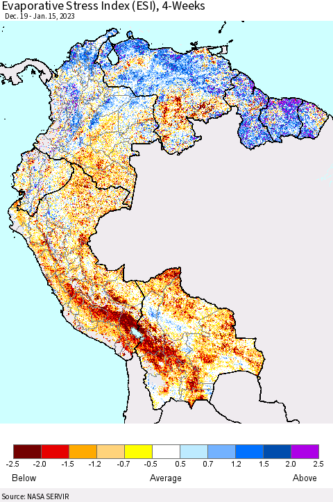 Northern South America Evaporative Stress Index (ESI), 4-Weeks Thematic Map For 1/9/2023 - 1/15/2023