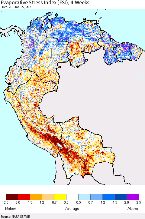 Northern South America Evaporative Stress Index (ESI), 4-Weeks Thematic Map For 1/16/2023 - 1/22/2023