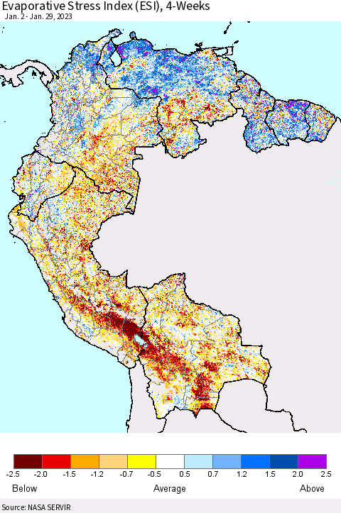 Northern South America Evaporative Stress Index (ESI), 4-Weeks Thematic Map For 1/23/2023 - 1/29/2023