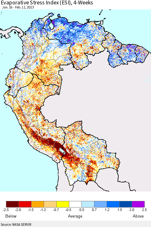 Northern South America Evaporative Stress Index (ESI), 4-Weeks Thematic Map For 2/6/2023 - 2/12/2023