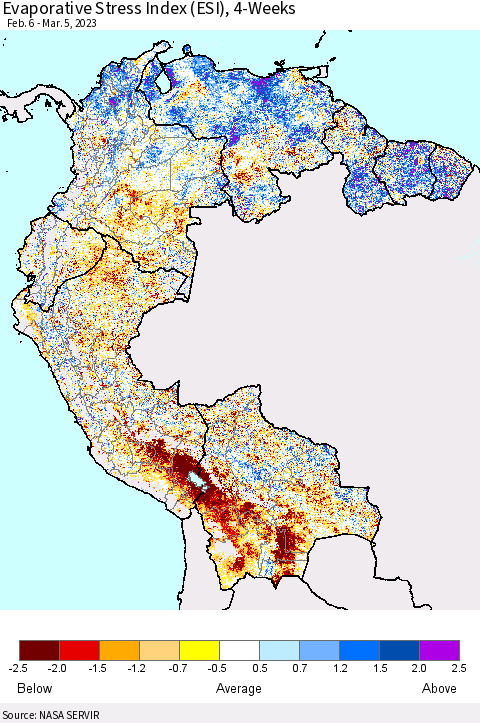 Northern South America Evaporative Stress Index (ESI), 4-Weeks Thematic Map For 2/27/2023 - 3/5/2023