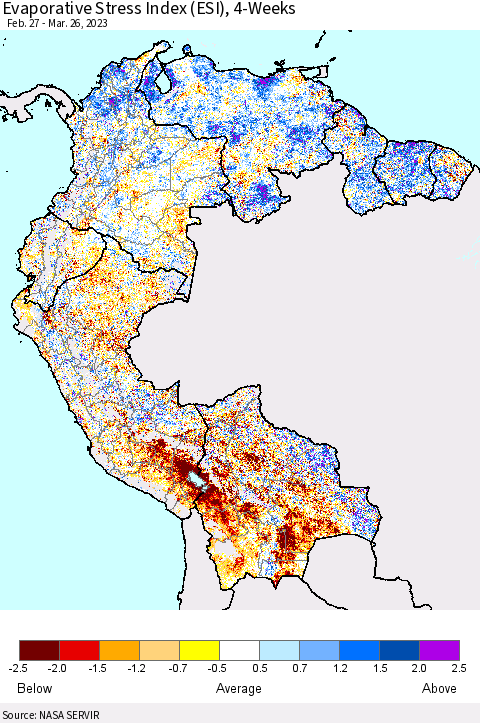 Northern South America Evaporative Stress Index (ESI), 4-Weeks Thematic Map For 3/20/2023 - 3/26/2023