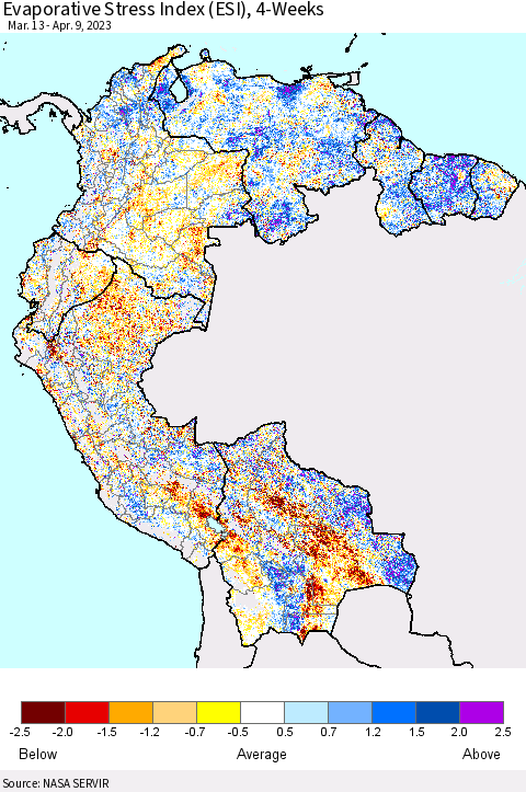 Northern South America Evaporative Stress Index (ESI), 4-Weeks Thematic Map For 4/3/2023 - 4/9/2023