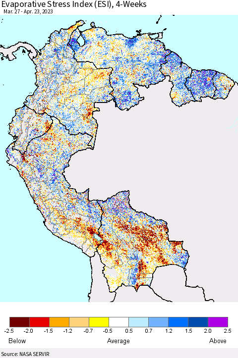 Northern South America Evaporative Stress Index (ESI), 4-Weeks Thematic Map For 4/17/2023 - 4/23/2023