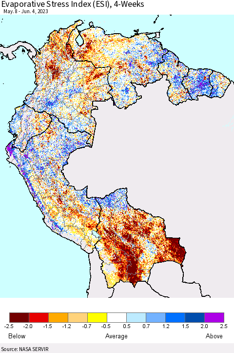 Northern South America Evaporative Stress Index (ESI), 4-Weeks Thematic Map For 5/29/2023 - 6/4/2023