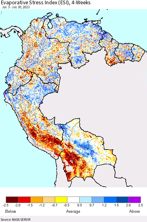 Northern South America Evaporative Stress Index (ESI), 4-Weeks Thematic Map For 7/24/2023 - 7/30/2023