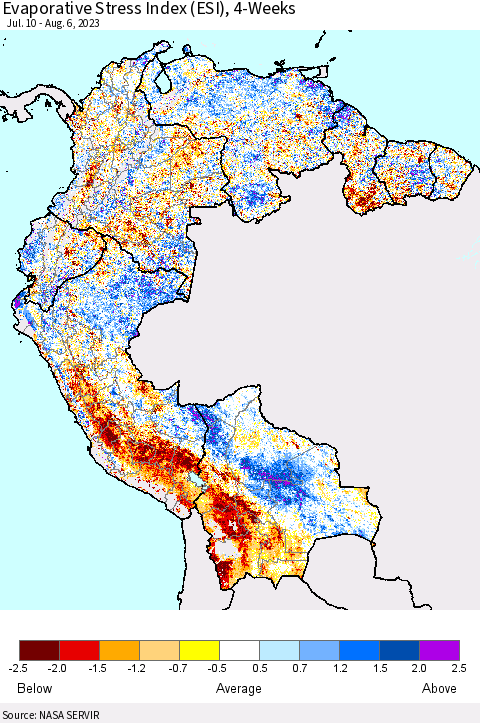 Northern South America Evaporative Stress Index (ESI), 4-Weeks Thematic Map For 7/31/2023 - 8/6/2023