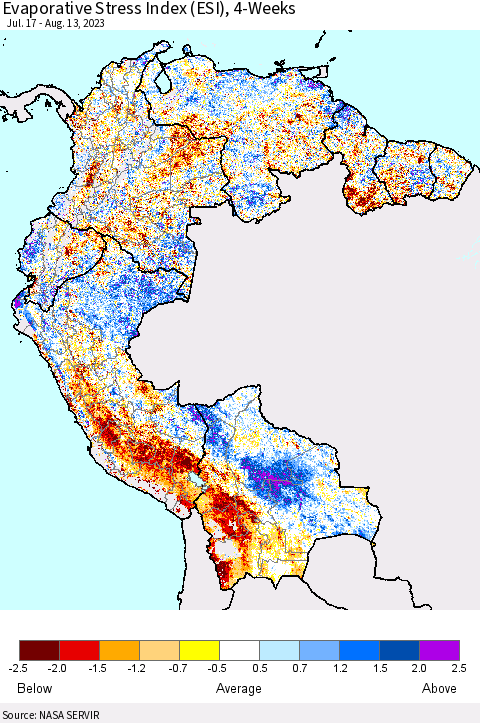 Northern South America Evaporative Stress Index (ESI), 4-Weeks Thematic Map For 8/7/2023 - 8/13/2023