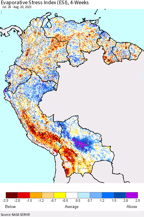 Northern South America Evaporative Stress Index (ESI), 4-Weeks Thematic Map For 8/14/2023 - 8/20/2023