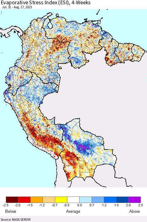 Northern South America Evaporative Stress Index (ESI), 4-Weeks Thematic Map For 8/21/2023 - 8/27/2023
