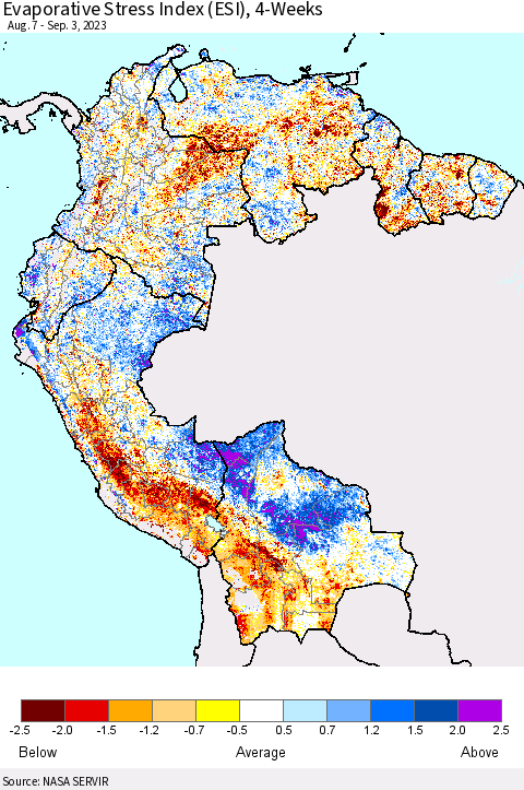 Northern South America Evaporative Stress Index (ESI), 4-Weeks Thematic Map For 8/28/2023 - 9/3/2023