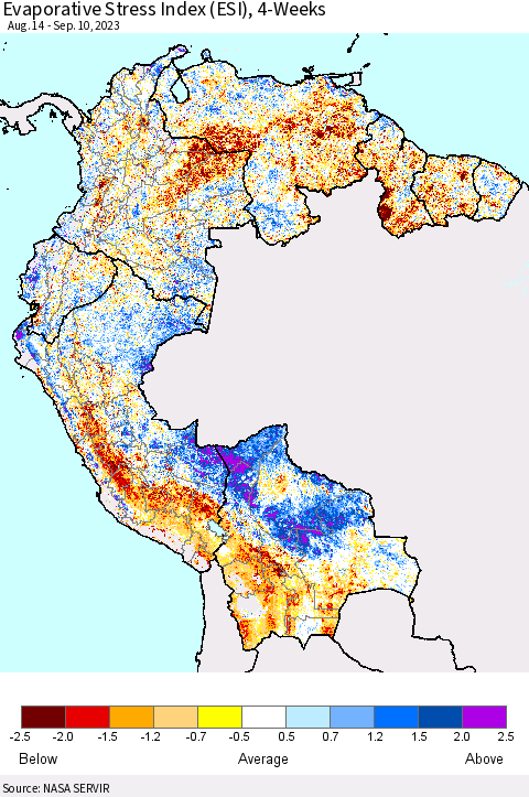 Northern South America Evaporative Stress Index (ESI), 4-Weeks Thematic Map For 9/4/2023 - 9/10/2023