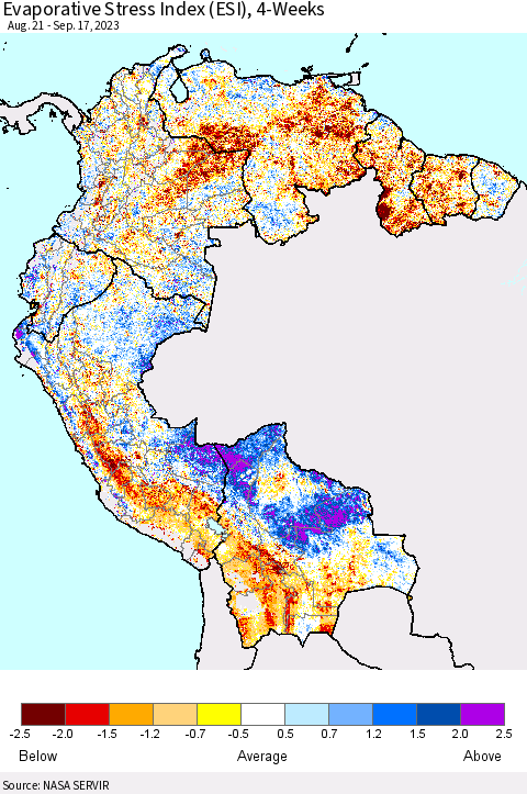 Northern South America Evaporative Stress Index (ESI), 4-Weeks Thematic Map For 9/11/2023 - 9/17/2023