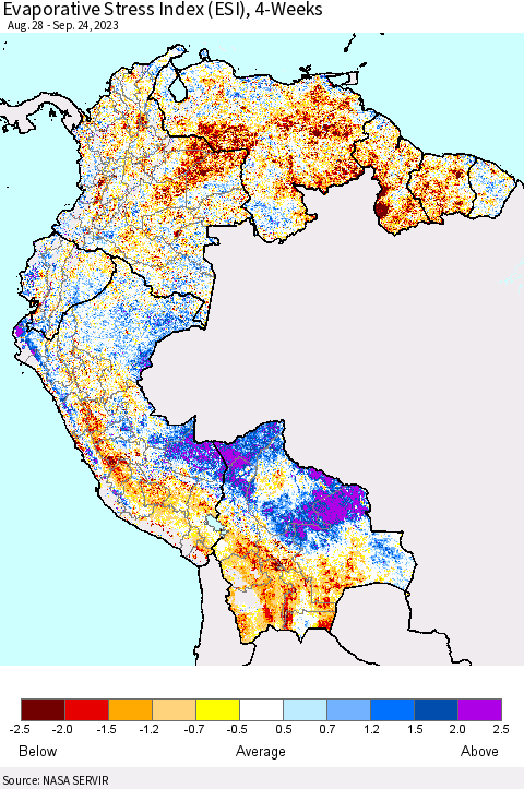 Northern South America Evaporative Stress Index (ESI), 4-Weeks Thematic Map For 9/18/2023 - 9/24/2023