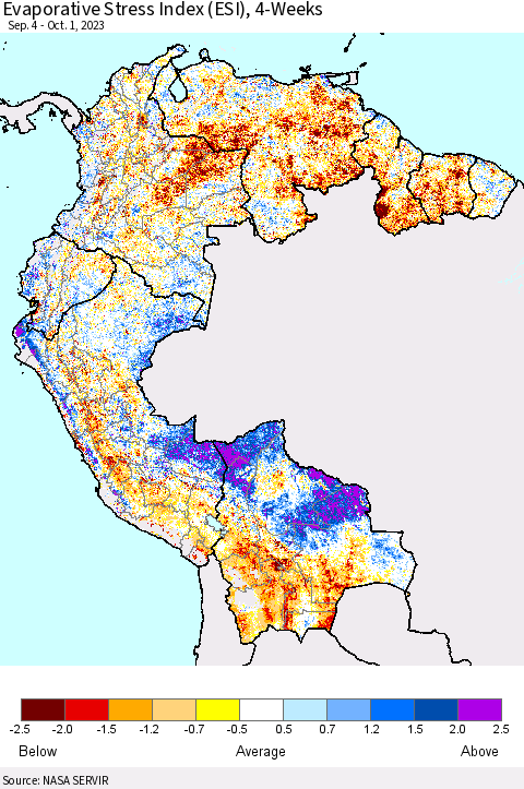 Northern South America Evaporative Stress Index (ESI), 4-Weeks Thematic Map For 9/25/2023 - 10/1/2023