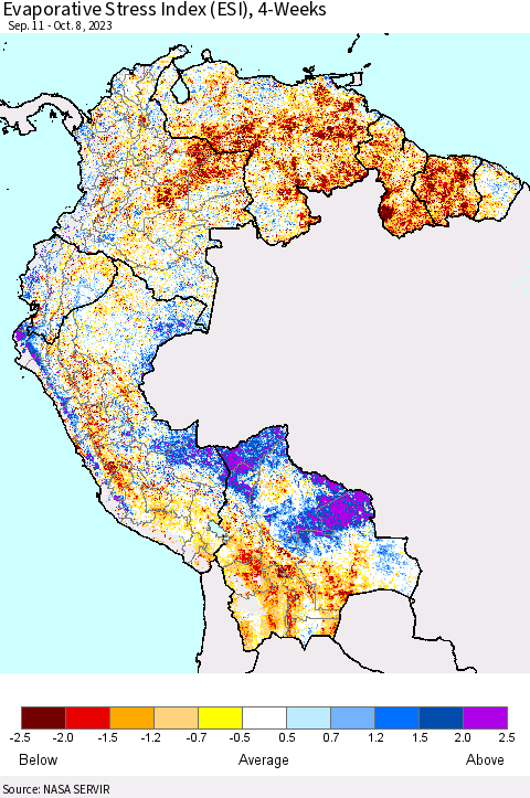 Northern South America Evaporative Stress Index (ESI), 4-Weeks Thematic Map For 10/2/2023 - 10/8/2023