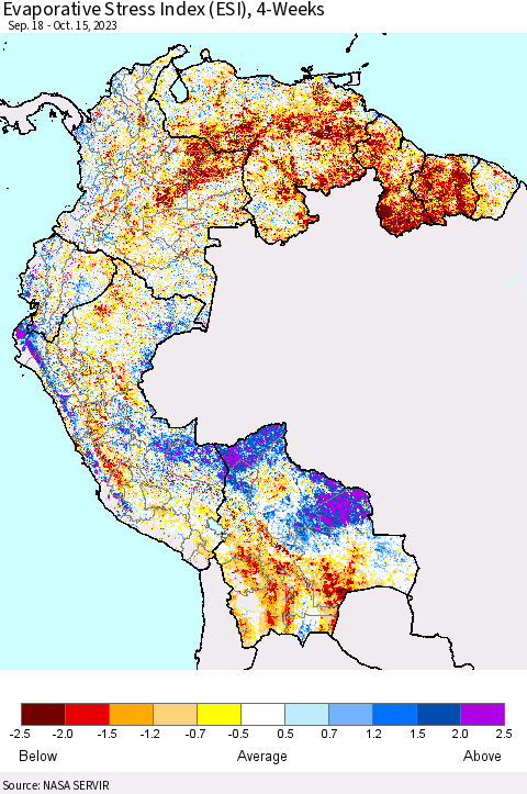 Northern South America Evaporative Stress Index (ESI), 4-Weeks Thematic Map For 10/9/2023 - 10/15/2023
