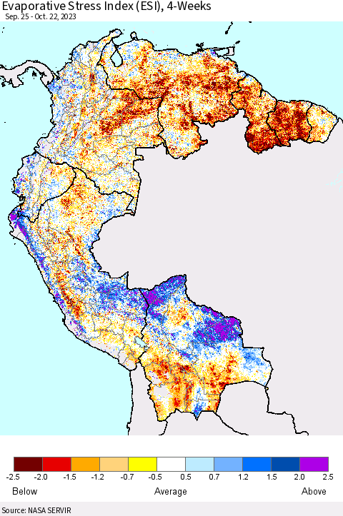 Northern South America Evaporative Stress Index (ESI), 4-Weeks Thematic Map For 10/16/2023 - 10/22/2023