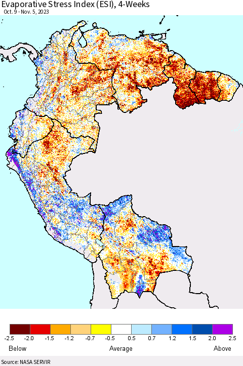 Northern South America Evaporative Stress Index (ESI), 4-Weeks Thematic Map For 10/30/2023 - 11/5/2023