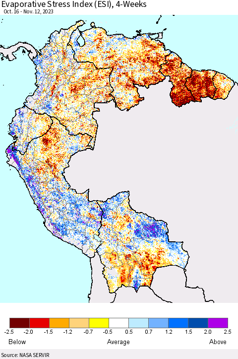 Northern South America Evaporative Stress Index (ESI), 4-Weeks Thematic Map For 11/6/2023 - 11/12/2023
