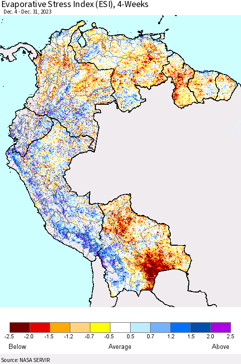 Northern South America Evaporative Stress Index (ESI), 4-Weeks Thematic Map For 12/25/2023 - 12/31/2023