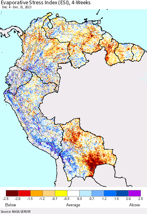Northern South America Evaporative Stress Index (ESI), 4-Weeks Thematic Map For 1/1/2024 - 1/7/2024