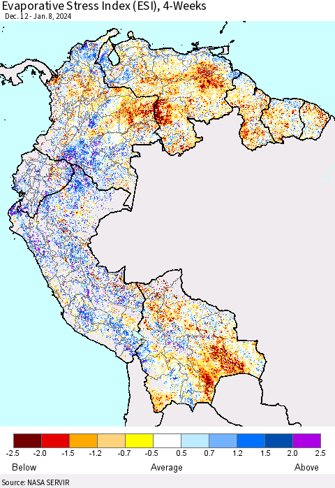 Northern South America Evaporative Stress Index (ESI), 4-Weeks Thematic Map For 1/8/2024 - 1/14/2024