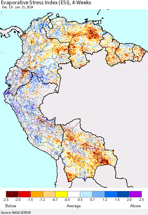 Northern South America Evaporative Stress Index (ESI), 4-Weeks Thematic Map For 1/15/2024 - 1/21/2024