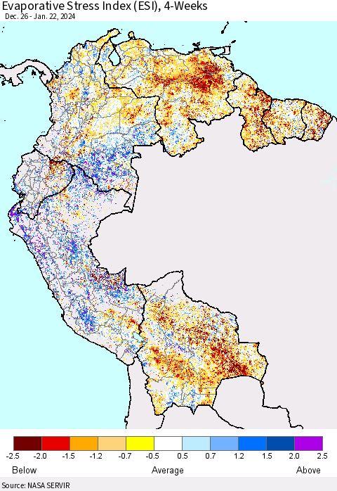 Northern South America Evaporative Stress Index (ESI), 4-Weeks Thematic Map For 1/22/2024 - 1/28/2024
